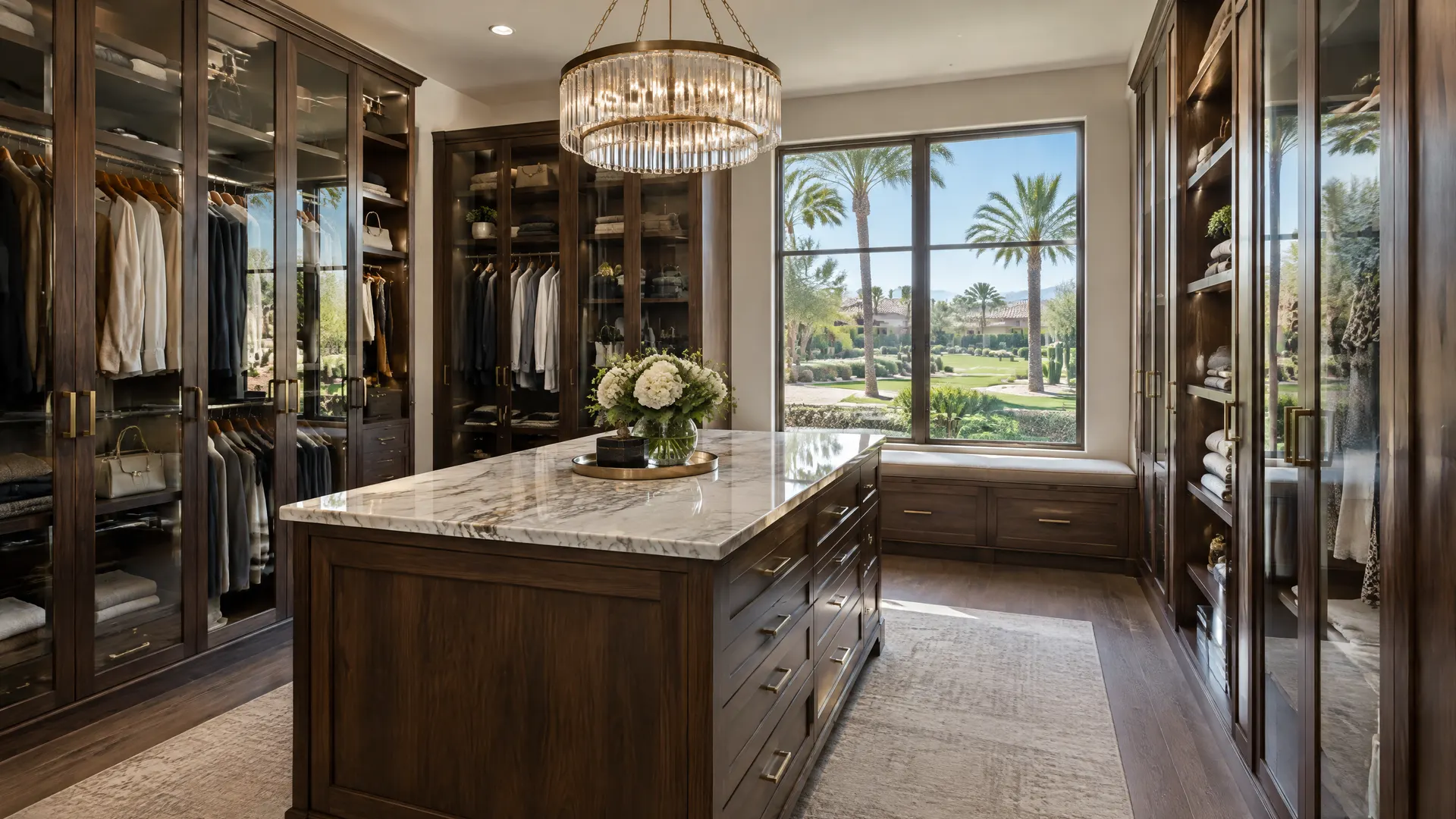 Elegant dressing room closet in an upscale Biltmore area Phoenix home: dark walnut cabinetry with glass doors, a marble-top island, a chandelier, a window looking out at palm trees and a manicured lawn