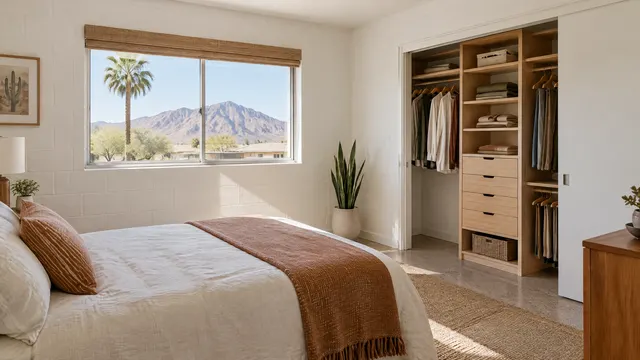 Bedroom in a modest 1950s ranch house in Sunnyslope, Phoenix: block walls painted white, a reach-in closet upgraded with a light wood custom organizer, a window showing desert mountains and a palm tree
