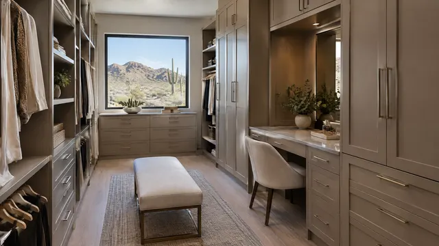 Primary walk-in closet in a newer stucco hillside home in Tramonto, far north Phoenix: tall cabinetry in a warm taupe finish, a seated vanity niche, a window with views of rocky Sonoran desert hills and saguaros