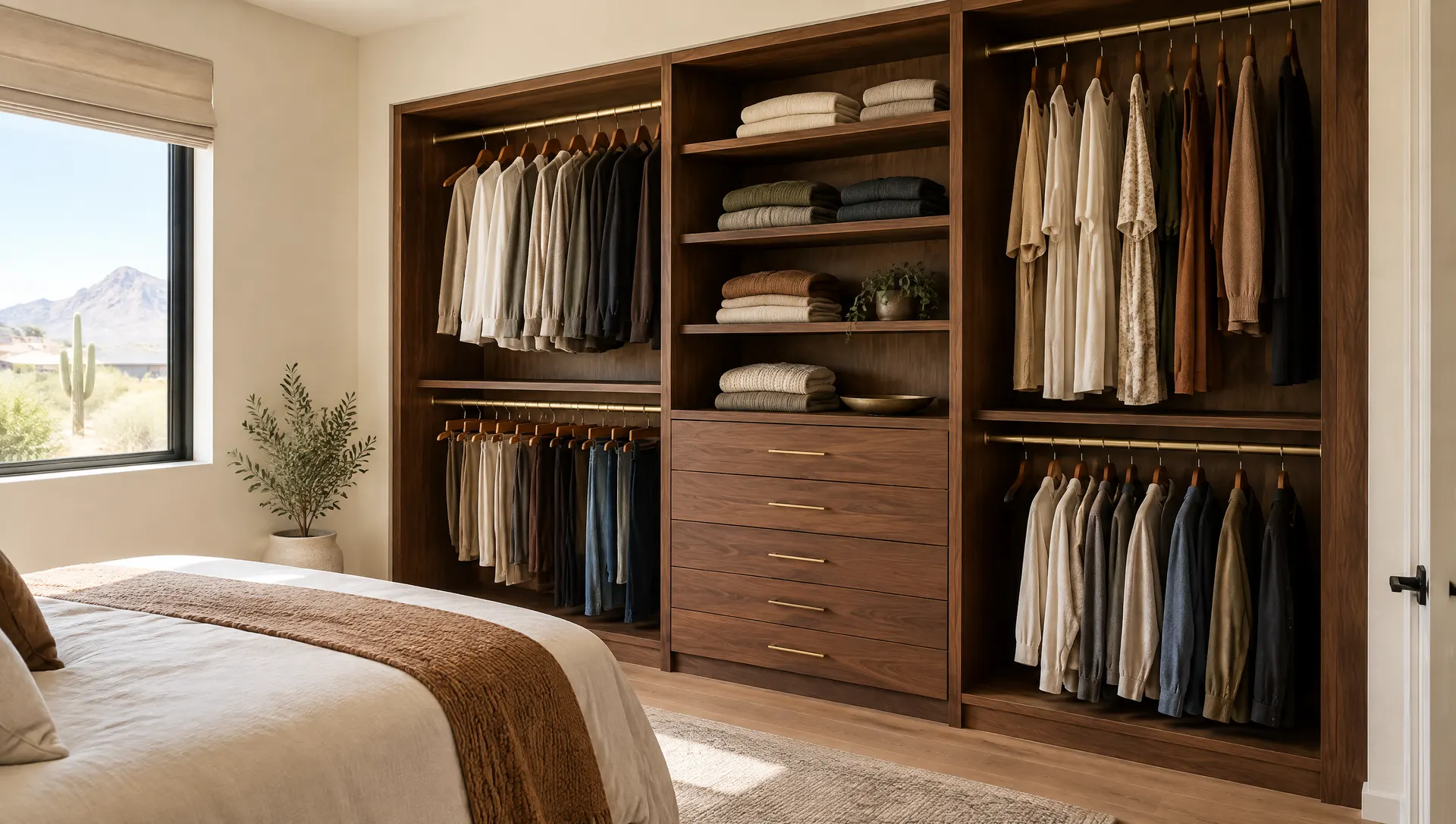 Finished custom closet system along one bedroom wall: walnut-finish double hanging sections, open shelves with folded sweaters, a stack of soft-close drawers, brushed brass rods, warm light, off-white walls