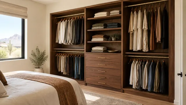 Finished custom closet system along one bedroom wall: walnut-finish double hanging sections, open shelves with folded sweaters, a stack of soft-close drawers, brushed brass rods, warm light, off-white walls