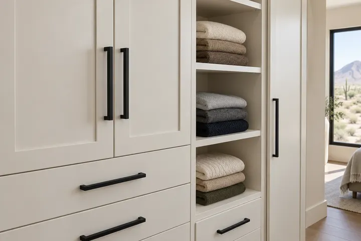 Close view of a custom closet in a warm white finish with matte black pulls and an open shelf of folded sweaters