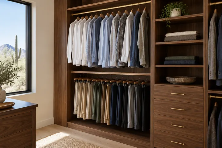 Custom closet section with double hanging rods holding shirts above and pants below, walnut finish, brass rods