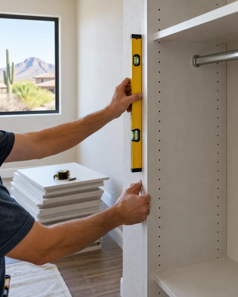 Installer's hands leveling a new closet panel against a wall with a bubble level, shelves stacked nearby, no face visible