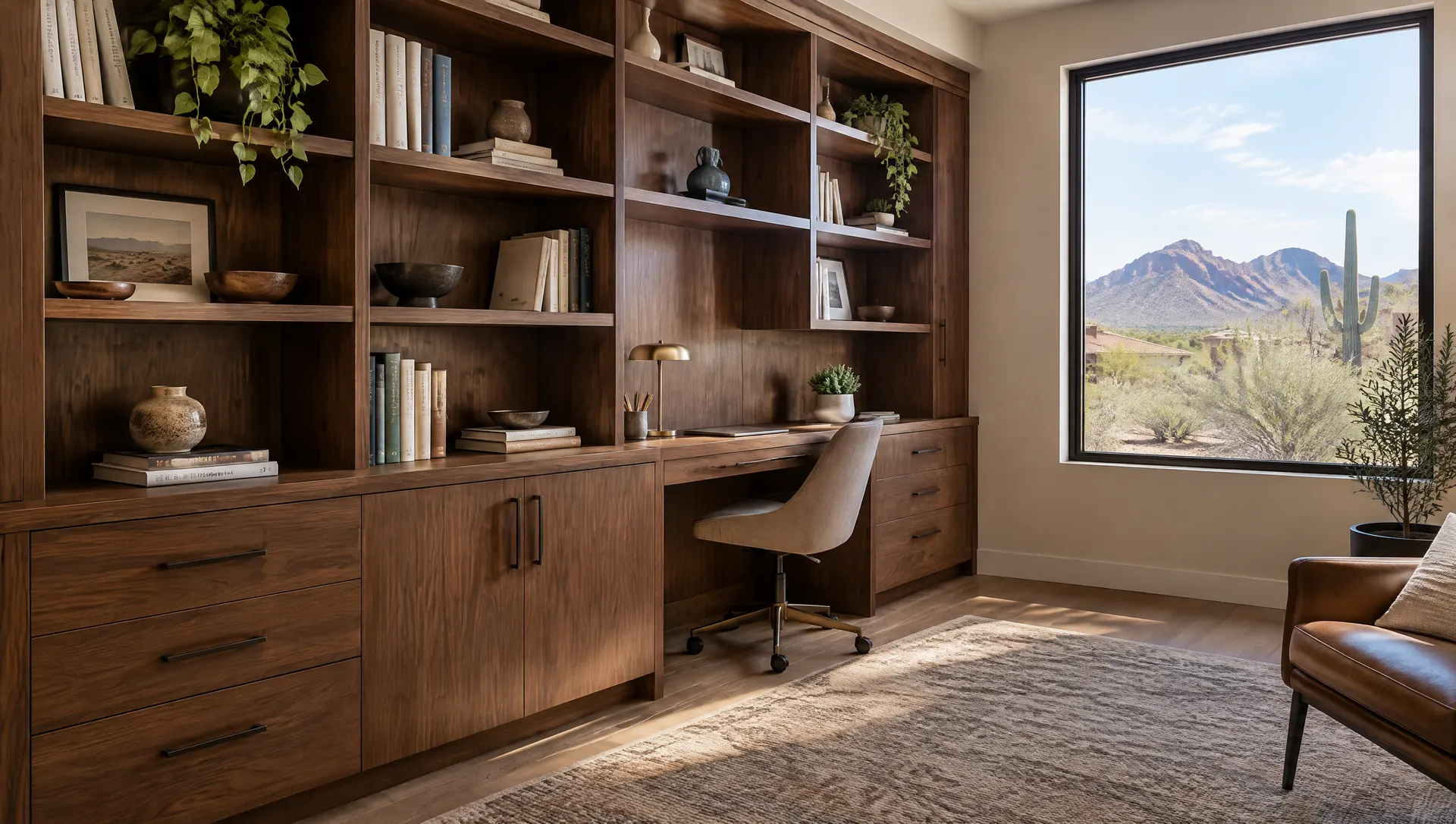Home office with custom built-in cabinetry along one wall: lower file drawers and doors, open bookshelves above, an integrated desk with a chair tucked in, walnut finish, window with Arizona desert light