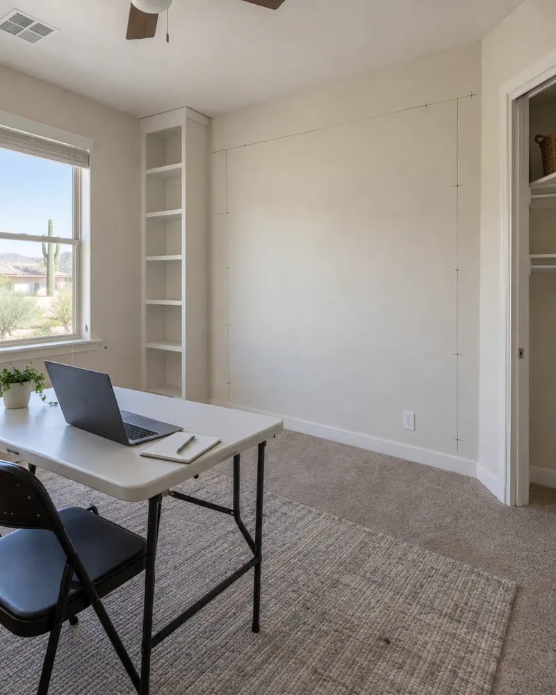 Spare bedroom in a Phoenix home being turned into an office: an empty wall measured for built-ins, a folding table with a laptop, no face