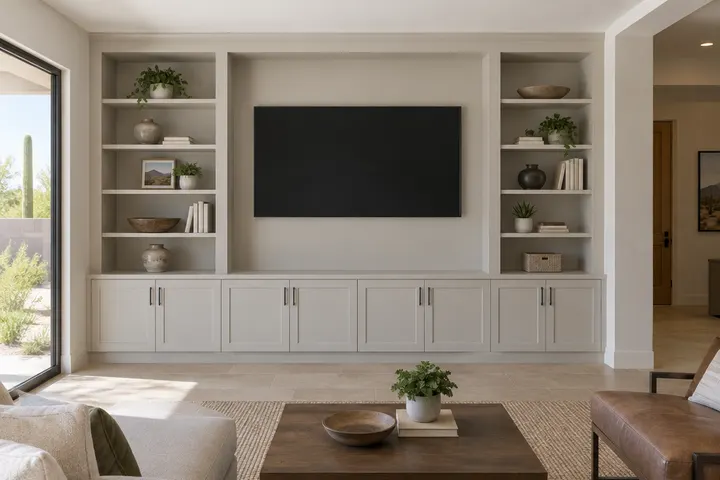 Built-in media wall in a living room with lower cabinets, open shelves on both sides and a blank TV space