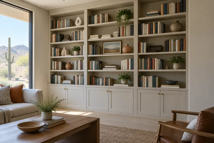 Floor-to-ceiling built-in bookshelves with lower cabinet doors, books spines without readable text, decor objects