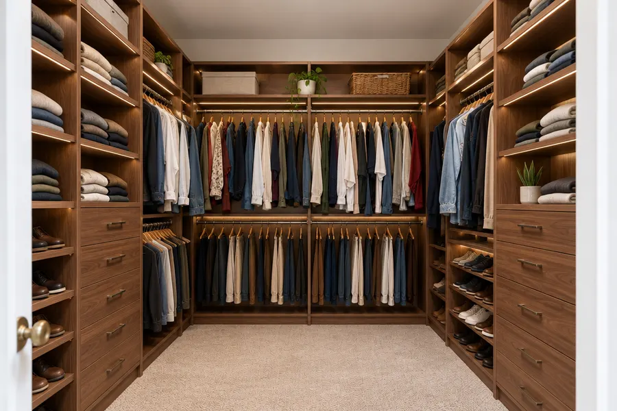 The same walk-in closet after a remodel with the same room shape and door: custom walnut-finish shelving, drawer stacks, double hanging rods, shoe shelves, LED lighting, clean floor