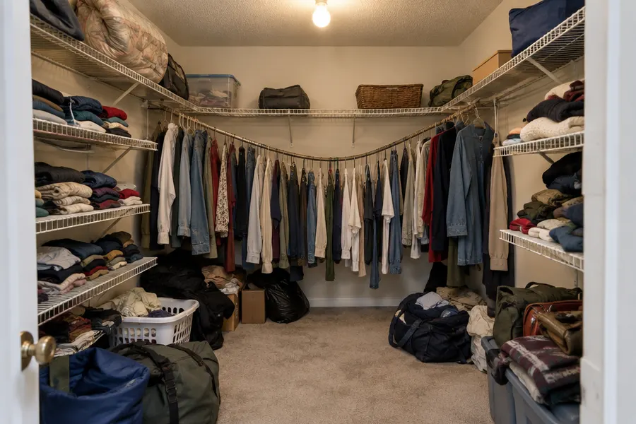 Cluttered walk-in closet in a 1990s Phoenix home before a remodel: wire shelving on three walls, one long sagging rod, clothes and bags piled on the floor, beige carpet, a single ceiling bulb