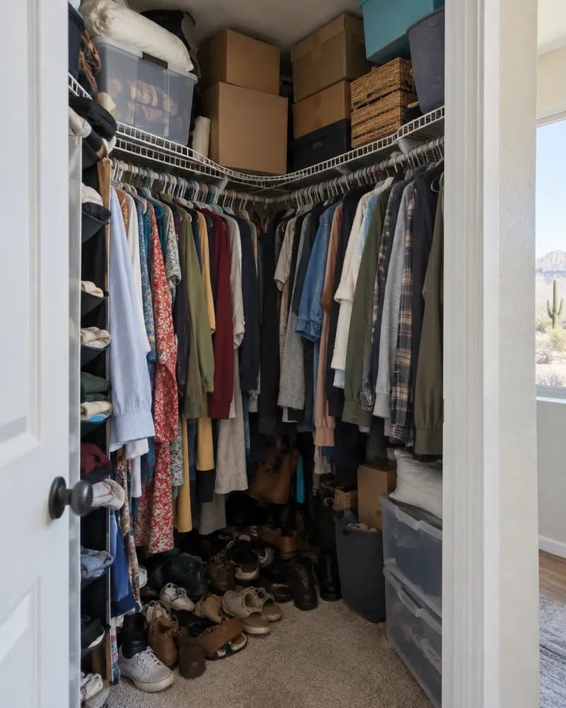 Overstuffed old wire-shelf bedroom closet in a Phoenix home before an upgrade: sagging white wire shelf, single rod crammed with clothes, shoes piled on the carpet, boxes stacked to the ceiling