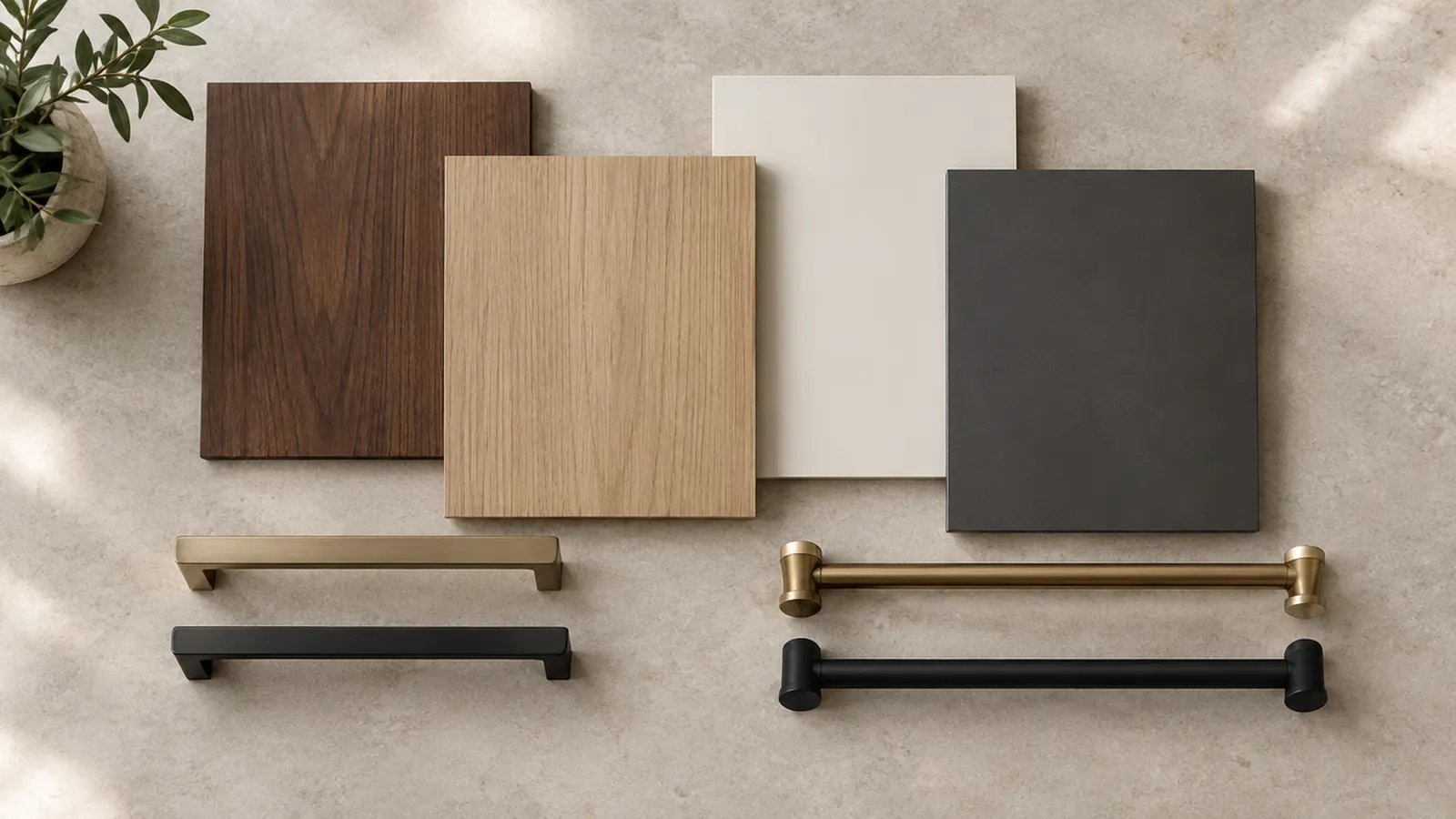 Closet design selections laid on a plain stone table: walnut, white oak, warm white and charcoal laminate panel samples, muted brass and matte black pulls, short hanging rod samples, top-down view, no photographs, prints or papers on the table