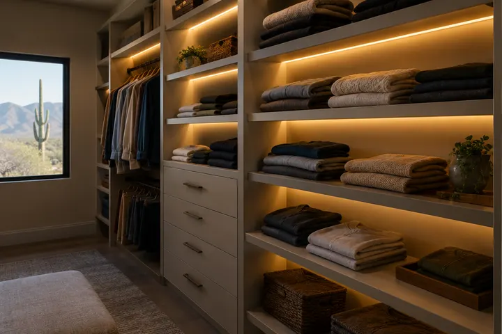 Custom closet shelves lit by warm LED strip lighting under each shelf, folded clothes glowing softly in a dim room