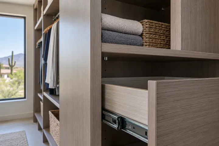 Close-up of thick laminated closet panel edges with matching edge banding, soft-close drawer slides and adjustable shelf pins