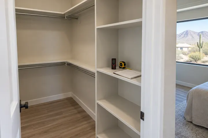 Empty bedroom closet being measured, a laser measure and tape measure resting on the shelf, a sketch pad with lines and no readable text