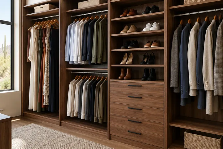 Close view of a custom closet with clearly separated zones: long hanging, double hanging, shoe shelves and drawers, walnut finish