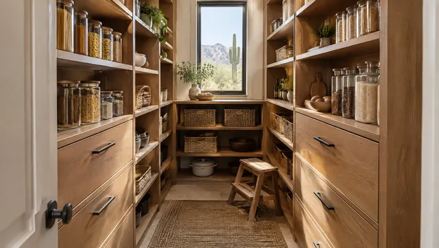 Walk-in kitchen pantry with custom wood shelving on three walls, deep lower drawers, clear canisters of pasta and rice, baskets, a small step stool, warm light, organized and calm