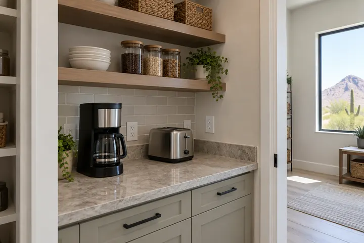 Pantry counter section with a coffee maker and toaster on a stone-look counter, outlets in the backsplash, shelves above
