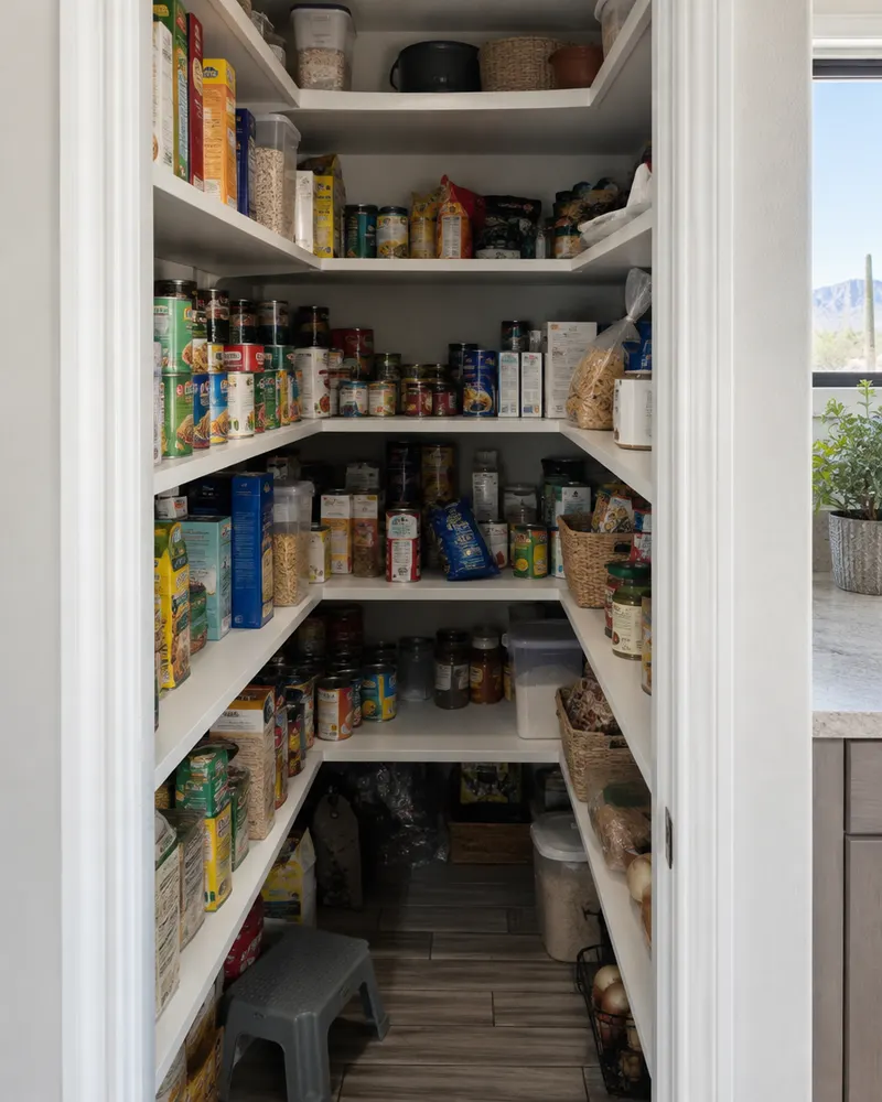 Messy reach-in kitchen pantry before organizing: deep fixed shelves with cans and boxes stacked deep and food lost in the back