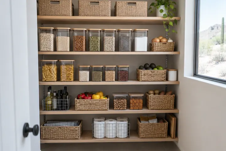 Pantry with shallow adjustable wood shelves, everything visible in one row, clear canisters and baskets