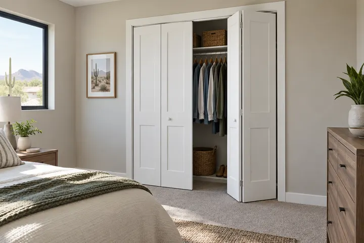 New white shaker bifold closet doors on a bedroom reach-in closet, partly open