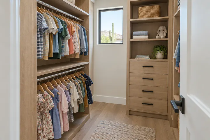 Reach-in closet with double hanging rods on one side, children's clothes neatly hung, light oak finish