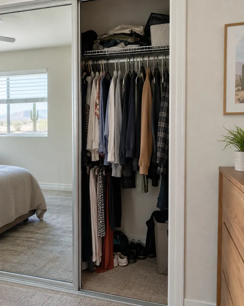 Narrow bedroom reach-in closet with mirrored sliding doors pushed aside showing a single wire shelf and rod, clothes crammed, before an upgrade