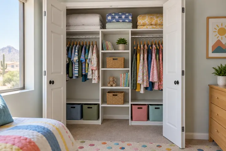 Kid's bedroom reach-in closet with low rods, bins on lower shelves and a higher shelf for spare bedding, cheerful but tidy
