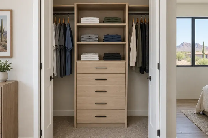 Center drawer tower inside a reach-in closet with open shelves above, light wood finish, folded t-shirts