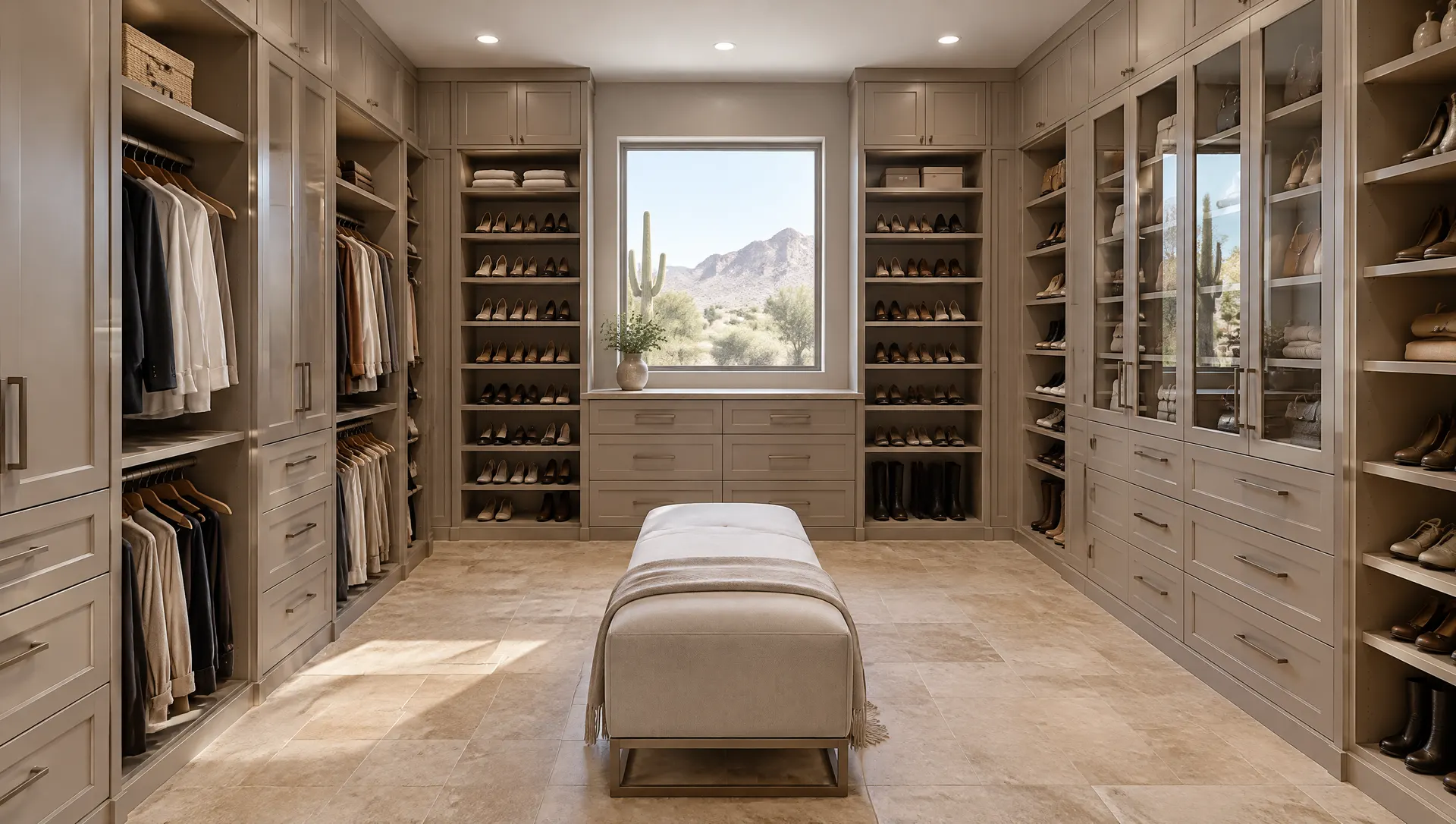 Large primary walk-in closet with floor-to-ceiling cabinetry on three walls in a warm greige finish, glass-front doors on one section, shoe shelves, an upholstered bench in the middle, recessed lighting, travertine-look tile floor