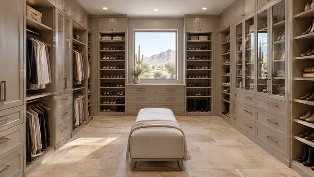 Large primary walk-in closet with floor-to-ceiling cabinetry on three walls in a warm greige finish, glass-front doors on one section, shoe shelves, an upholstered bench in the middle, recessed lighting, travertine-look tile floor