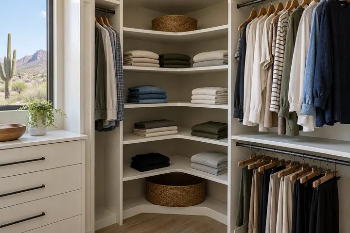 Corner of a walk-in closet using curved corner shelves for folded clothes, so the corner is not wasted